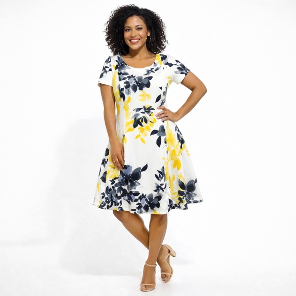 Eliza J White Yellow Black Floral Fit & Flare Midi Dress Size 10 - Picture 9 of 9